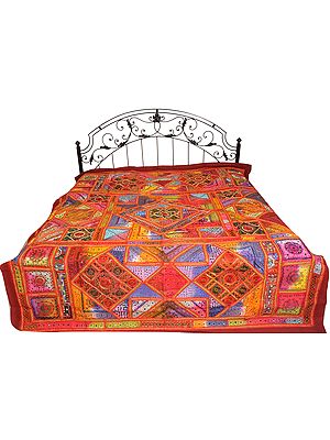 Multicolor Antiquated Bedspread from Kutch with Embroidered Patches and Mirrors
