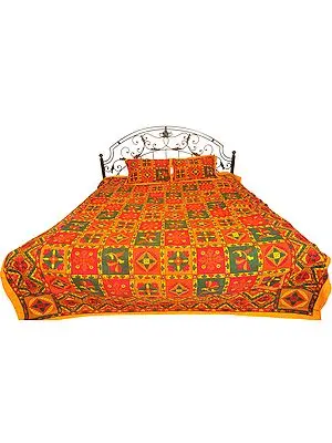Multicolor Sanganeri Bedspread with Printed Flowers and Kantha Stitch