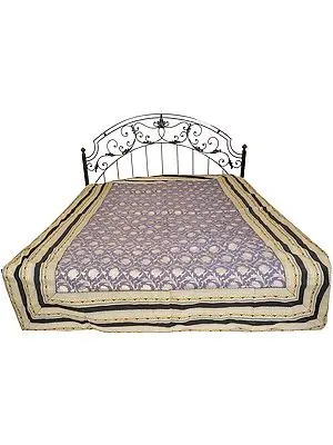 Excalibur-Gray Single-Bed Bedspread from Banaras with Woven Lotuses