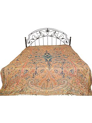 Mallard-Blue Reversible Jamawar Bedspread with Woven Paisleys