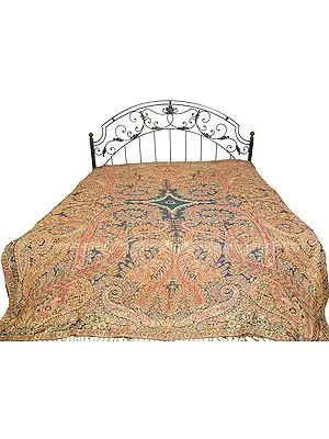 Mallard-Blue Reversible Jamawar Bedspread with Woven Paisleys