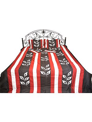 Black and Red Five-Piece Bedspread with Applique Leaves