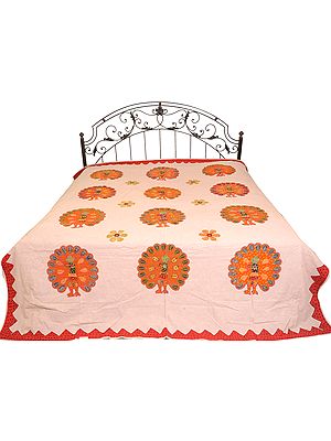 Violet-Ice Stonewashed Bedspread from Jaipur with Applique Dancing Peacocks