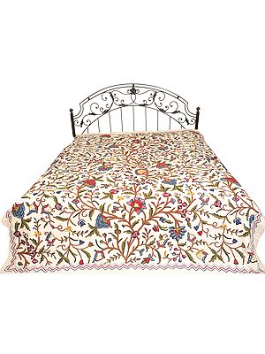 Ivory Bedspread from Kashmir with Floral Ari Hand-Embroidery All-Over