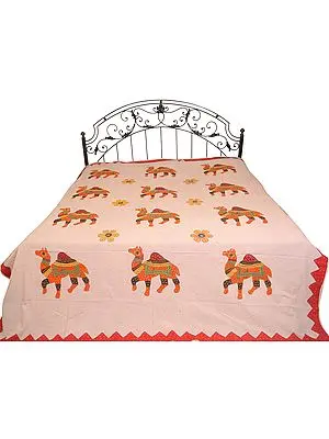 Violet-Ice Stonewashed Bedspread from Jaipur with Applique Camels
