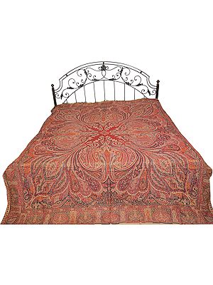 Rosewood Reversible Jamawar Bedspread from Kashmir with Woven Paisleys