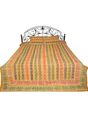 Honey-Yellow Bedspread from Sanganer with Block-Printed Flowers and Stripes