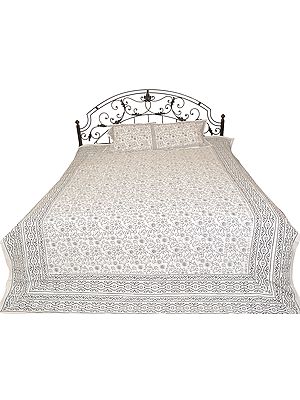 Egret-White Bedspread from Jaipur with Printed-Flowers All-Over