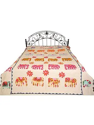 Bedcover from Jodhpur with Applique Elephants and Kantha Stitch Embroidery