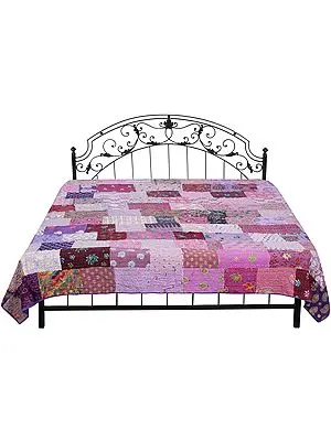 Orchid-Bloom Kantha Embroidered Bedspread Embellished with Crystals and Floral Patch Work
