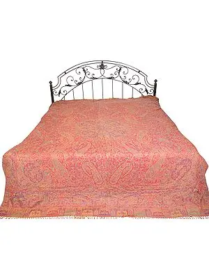 Garnet-Rose Reversible Jamawar Bedspread from Amritsar with Woven Mughal Design