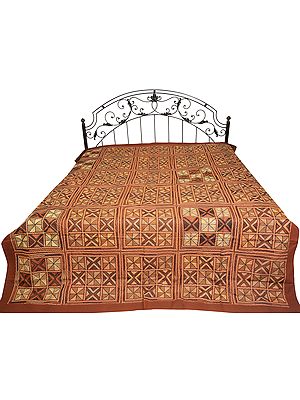 Rustic-Brown Bedspread from Kutch with Geometrical Embroidery by Hand