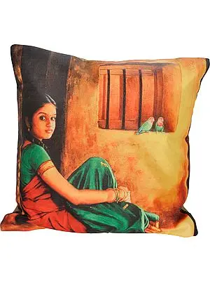 Cushion Cover with Digital-Printed Portrait of a Young Lady