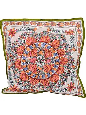 Bright-White Madhubani Hand-Painted Cushion Cover from Bihar