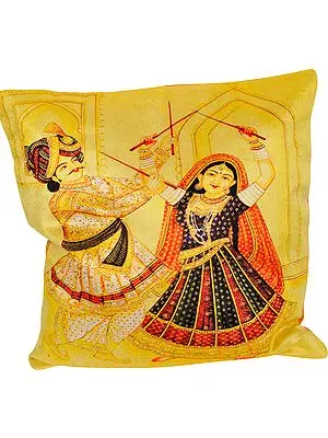Yellow-Cream Dandia Digital Printed Cushion Cover from Gujarat