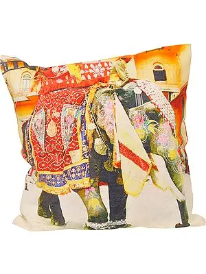 Multicolor Cushion Cover from Jaipur with Digital-Printed Royal Elephant