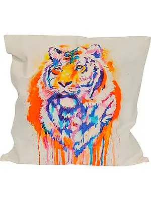 Pristine-White Cushion Cover from Jaipur with Digital-Printed Tiger