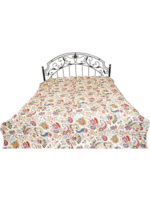 Egret-White Floral Printed Bedcover from Jodhpur with Kantha Stitch All-Over