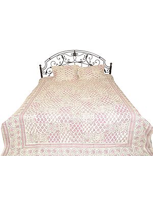 White and Pink Bedcover from Jodhpur with Block-Printed Flowers