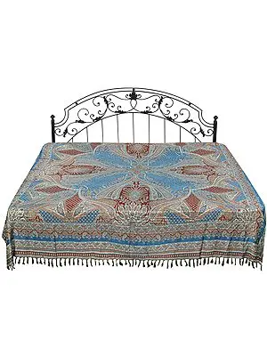 Bluejay Reversible Jamawar Bedspread from Amritsar with Woven Paisleys