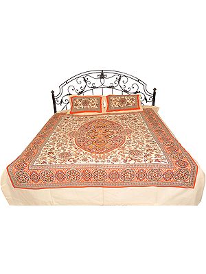 Cream and Orange Bedspread from Pilkhuwa with Floral Print
