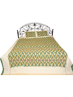 Comfrey-Green Bedspread from Pochampally with Ikat Weave