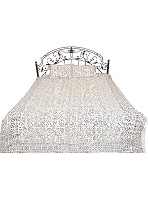 White and Black Bedspread from Jaipur with Flowers and Paisleys Print