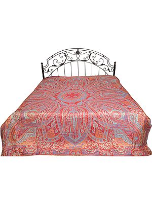 Rococco-Red Reversible Super-Silk Jamawar Bedspread with Woven Paisleys