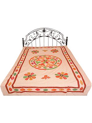 Rugby-Tan Stonewashed Single-Bed Bedspread from Jaipur with Applique Flowers and Mirrors