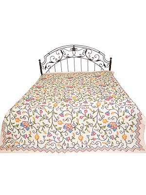 Off-White Bedspread from Kashmir with Ari-Embroidery All-Over