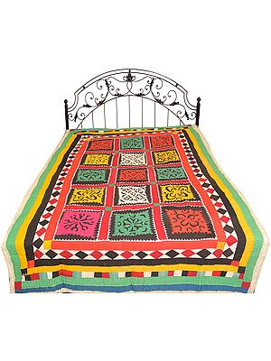 Antiquated Single-Bed Bedcover with Applique-work and Kantha Stitch