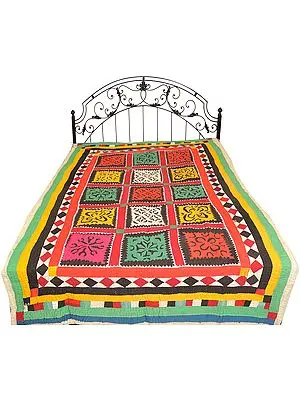 Antiquated Single-Bed Bedcover with Applique-work and Kantha Stitch