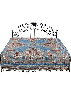 Horizon-Blue Reversible Jamawar Bedspread from Amritsar with Woven Paisleys