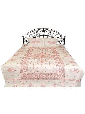 Egret-White Bedspread from Lucknow with Chikan Embroidery by Hand