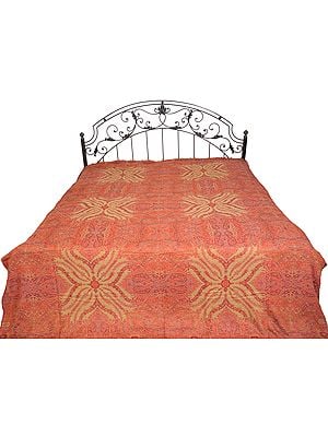 Tomato-Puree Reversible Jamawar Bedspread from Amritsar with Woven Paisleys