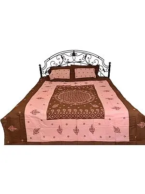 Brown and Pink Lukhnavi Chikan Bedspread with Floral Hand-Embroidery