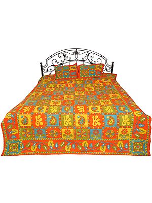 Spicy-Orange Sanganeri Bedsheet with Floral Print and Kantha Stitch