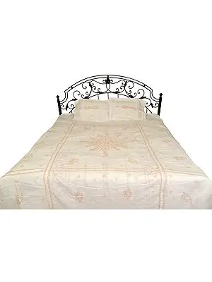 White Bedspread from Lucknow with Chikan Embroidery by Hand