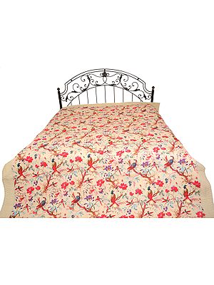 Shifting-Sand Jaipuri Comforter with Printed Sparrows and Kantha Stitch