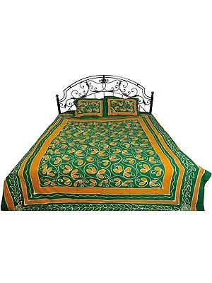 Green and Nugget Batik-Dyed Bedsheet with Floral Print