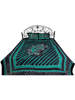 Green and Black Batik-Dyed Bedsheet with Printed Floral Paisley and Stripes