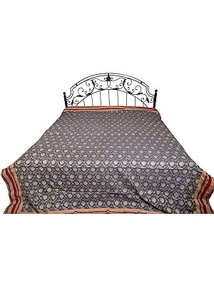 Excalibur-Gray Bedspread from Banaras with All-Over Woven Lotuses and Wide Patch Border