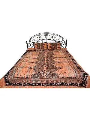 Carnelian and Black Batik-Dyed Bedsheet with Mughal Print