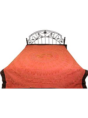 Spiced-Coral Stonewashed Bedspread from Jaipur with All-Over Embroidery in Zari-Thread