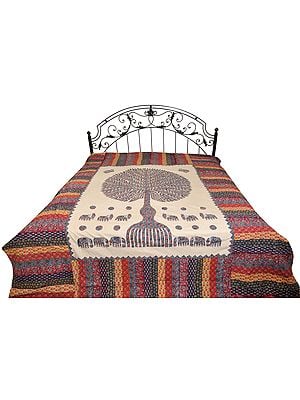 Multicolored Kantha Stitched Bedcover from Jodhpur with Applique Tree of Life