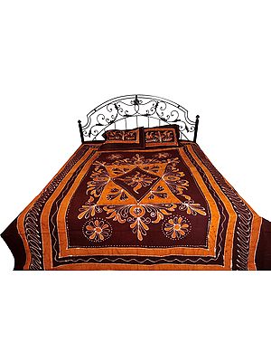 Chocolate and Topaz Batik-Dyed Bedsheet with Floral Design