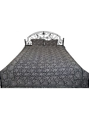 Phantom-Black Bedsheet from Gujarat with Block-Printed Elephants