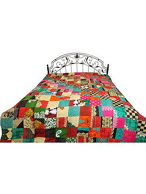 Multicolor Patched Bedcover from Jodhpur with Floral-Print and Kantha Straight Stitch