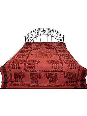 Dusty-Cedar Bedspread from Jodhpur with Applique OM (AUM) and Elephants