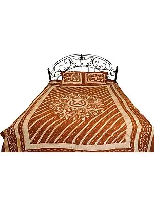 Carob-Brown Batik-Dyed Bedsheet with Floral-Motif and Stripes
